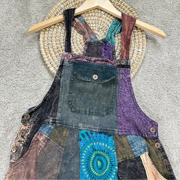 Handmade Patchwork Overall Maxi Baggy Jumpsuit Cotton Boho Hippie Multicolor L - Picture 3 of 11